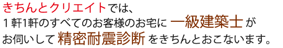 きちんとクリエイトでは１軒１軒のすべてのお宅に一級建築士がお伺いして精密耐震診断をきちんとおこないます。